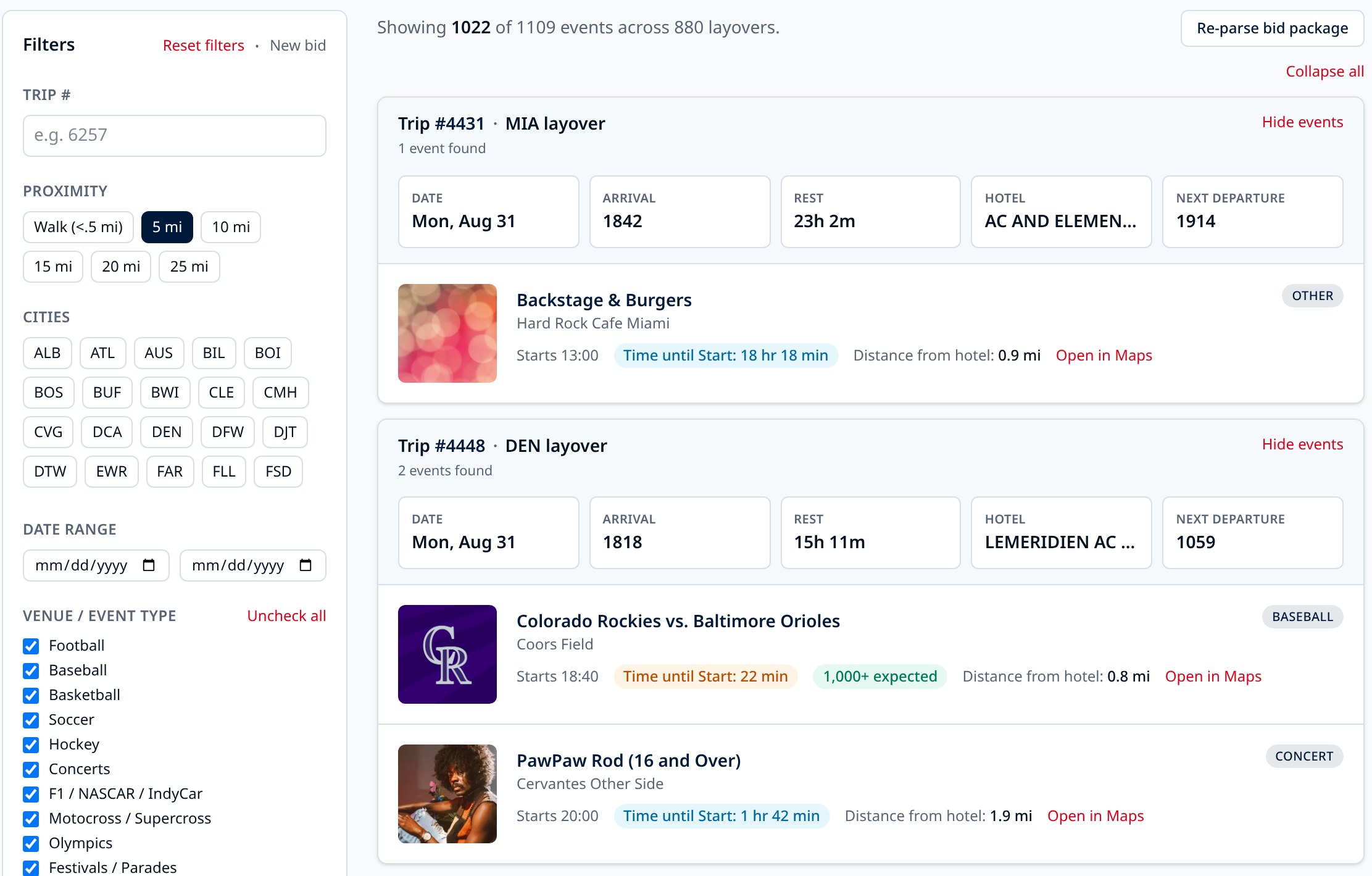 Layover Optimizer showing events near each layover hotel with rest and departure times