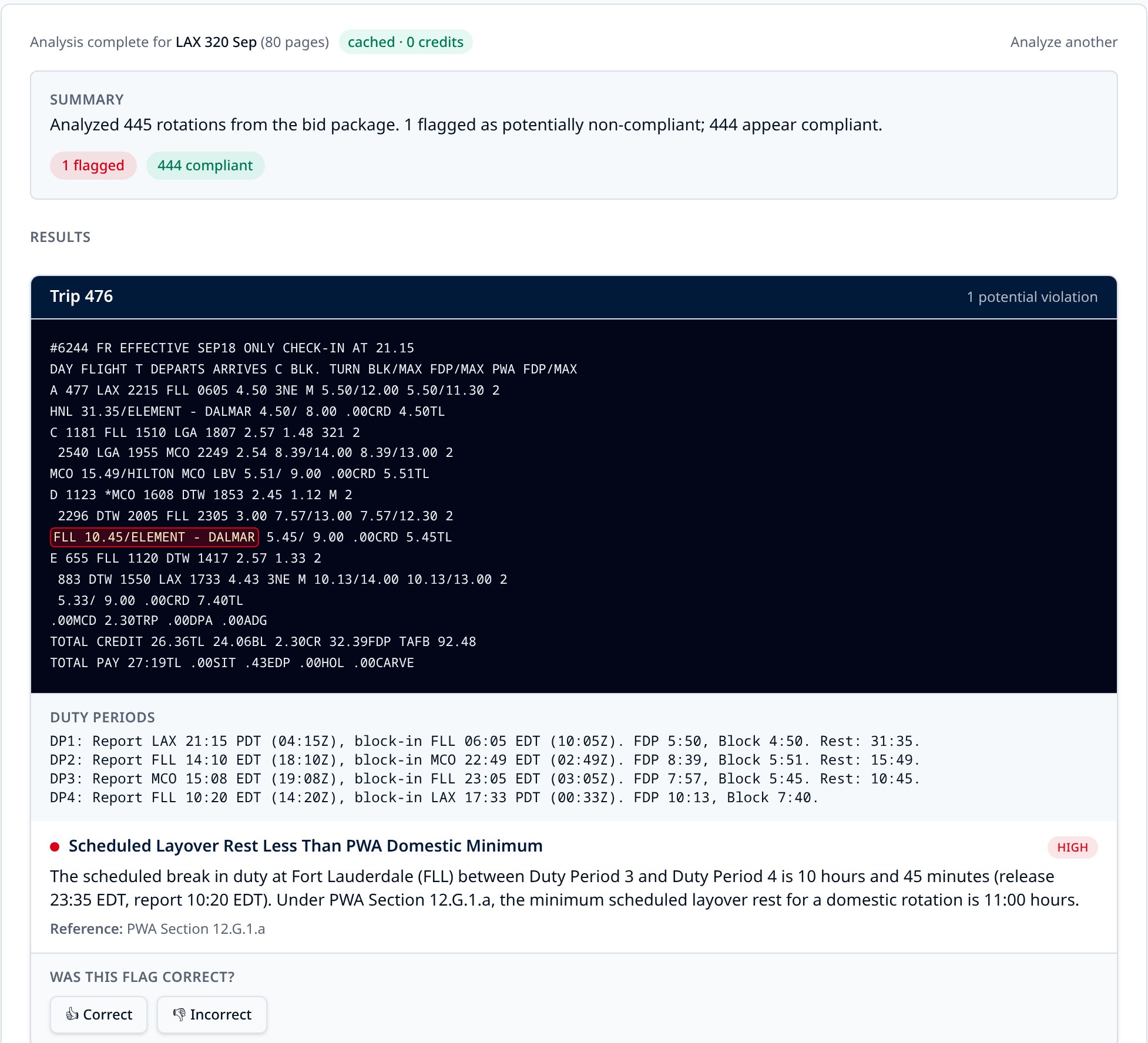 Legality Search flagging a trip with layover rest below the PWA domestic minimum