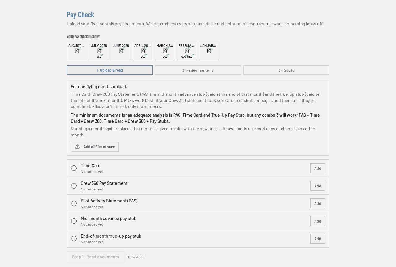 Pay Check history dashboard with monthly status icons and document upload