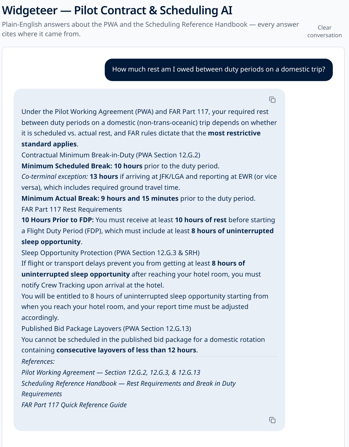 Widgeteer chat answering a rest-requirement question with PWA and FAR 117 citations